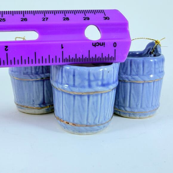 Vintage Blue Ceramic Bucket Ornaments Set of 4 – Mini 1" Hanging Pails - Picture 6 of 8